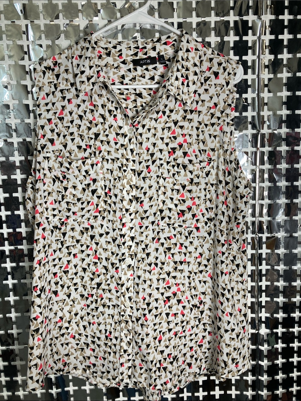 Apt my. 9 Ivory Button-Down Blouse with Pink & Black Triangle Print